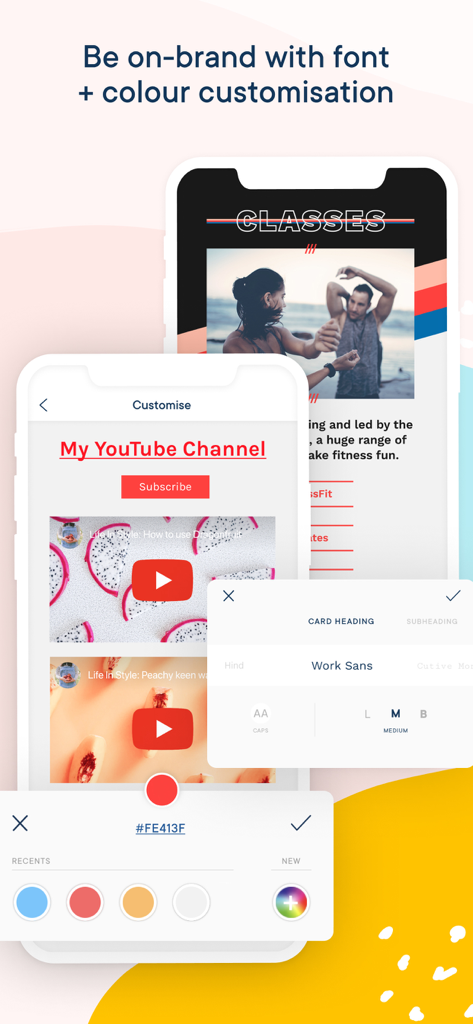Milkshake website builder app showing font and color customization options on mobile screens