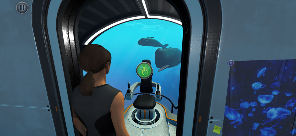 Beyond Blue - Uma cientista olhando através de um portal de submarino para baleias no oceano.