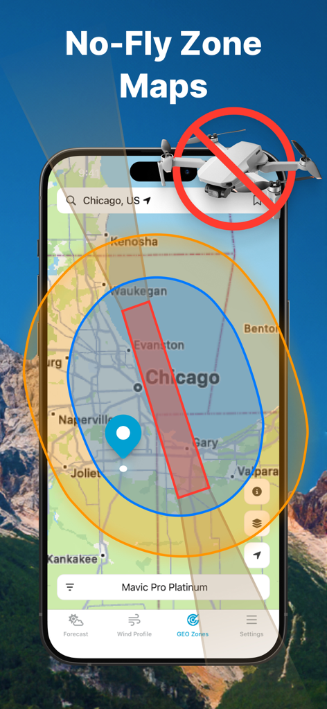 DroneWX UAV Weather Forecast - DroneWX app interface showing no fly zone maps and restricted airspace geo zones for drone pilots