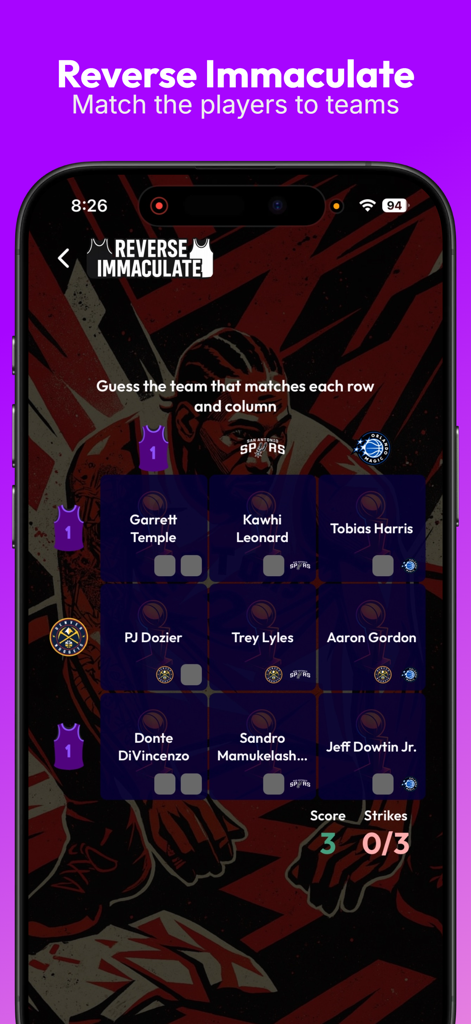 Blacktop Trivia - A screenshot of the Reverse Immaculate game mode in Blacktop Trivia where players match NBA teams to a grid of athletes.