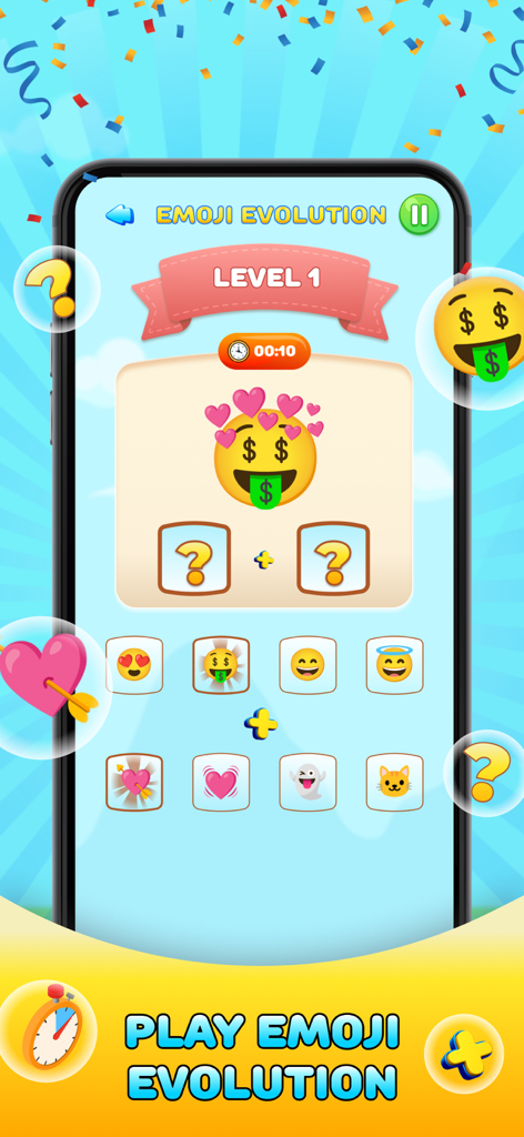Emoji Merge - Fun Emoji Game - Emoji Evolution Gameplay-Bildschirm, der Level 1 mit verschiedenen zu kombinierenden Emojis zeigt