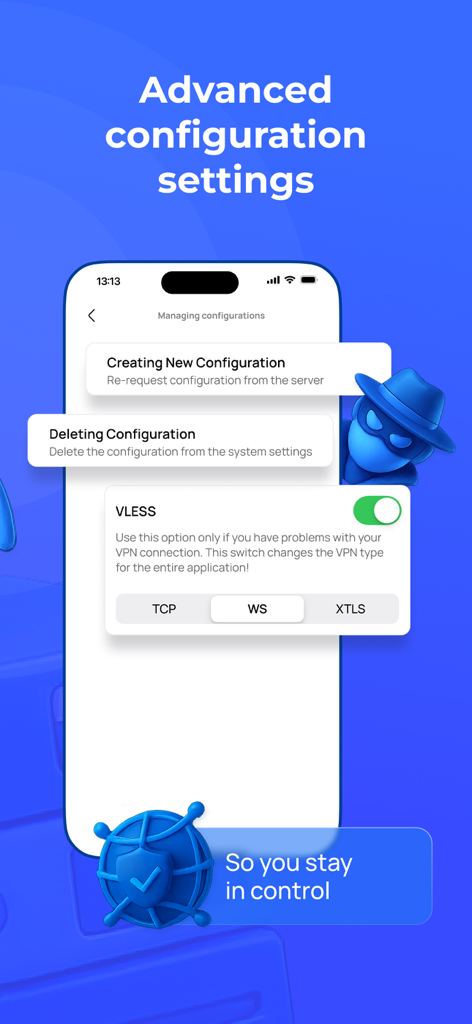 VPN Russiaアプリの高度な設定画面。VLESSプロトコルと接続管理オプションが表示されています。