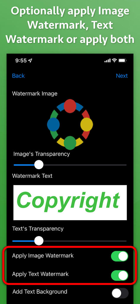 Video Watermarker - Interface for adding image and text watermarks to videos with transparency controls and toggle switches