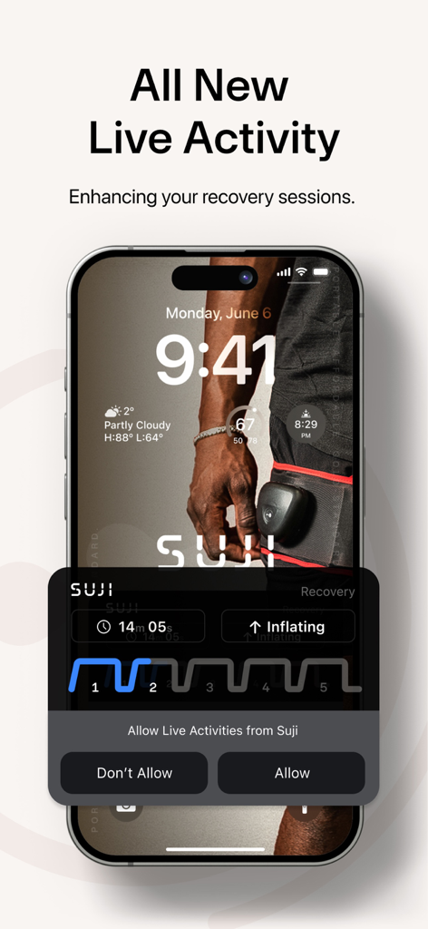 iPhone lock screen showing a Suji app live activity widget tracking a recovery session with inflation status and time remaining