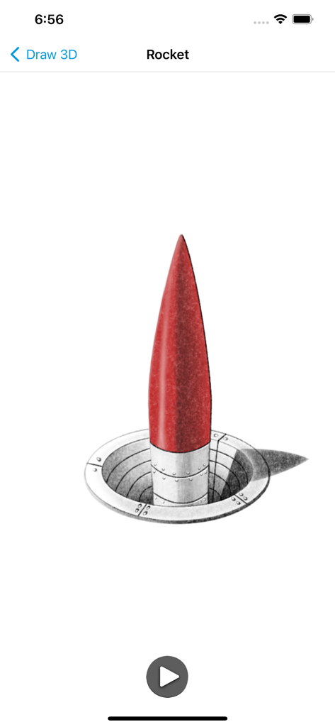 Learn how to Draw 3D - Dibujo 3D anamórfico de un cohete rojo y plateado emergiendo de un agujero circular.