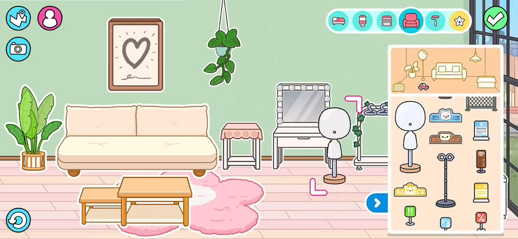Ein digitaler Raumdesignbildschirm in Prinzessinnenstadt Dekorationsspielen, der einen gemütlichen Wohnbereich mit einem rosa Blumen teppich und einem Möbelauswahlmenü zeigt