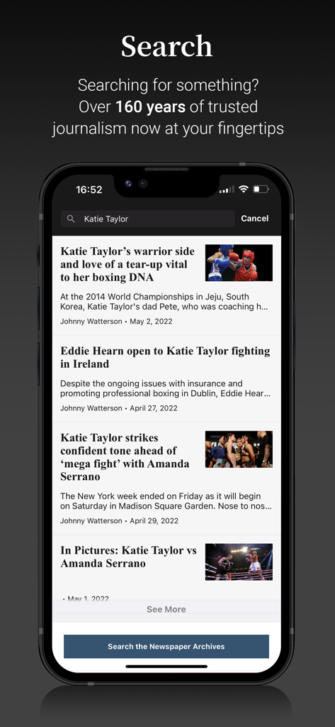 The Irish Times News - Katie Taylor에 대한 뉴스 결과와 신문 기록 검색 링크를 보여주는 The Irish Times News 앱의 검색 인터페이스