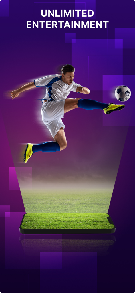 IPTV Player: Xtream, M3U, EPG - Un jugador de fútbol saltando sobre un smartphone mostrando un campo de fútbol con el titular entretenimiento ilimitado