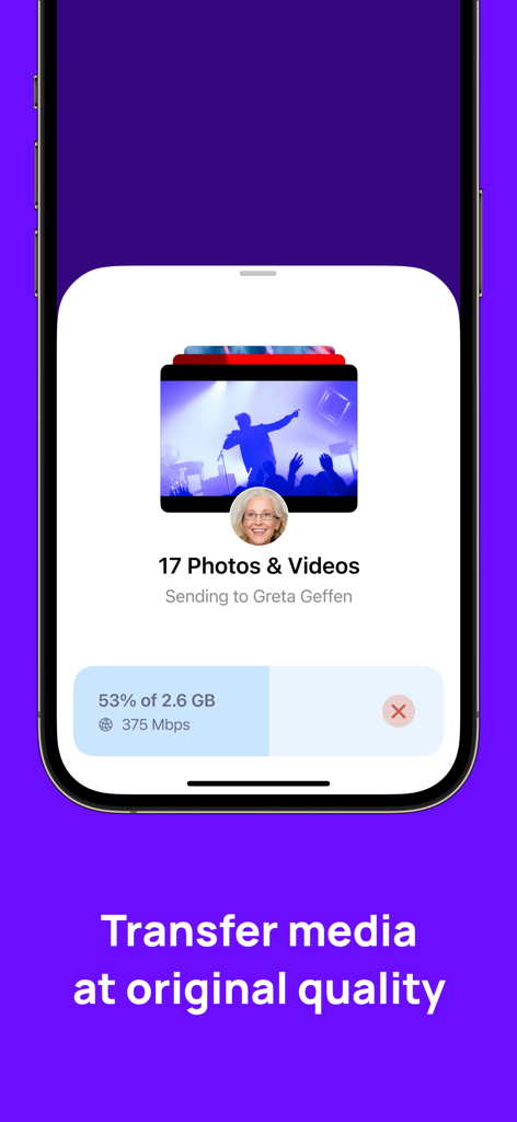 Smartphone screen displaying the Blip app transferring 17 photos and videos at original quality.