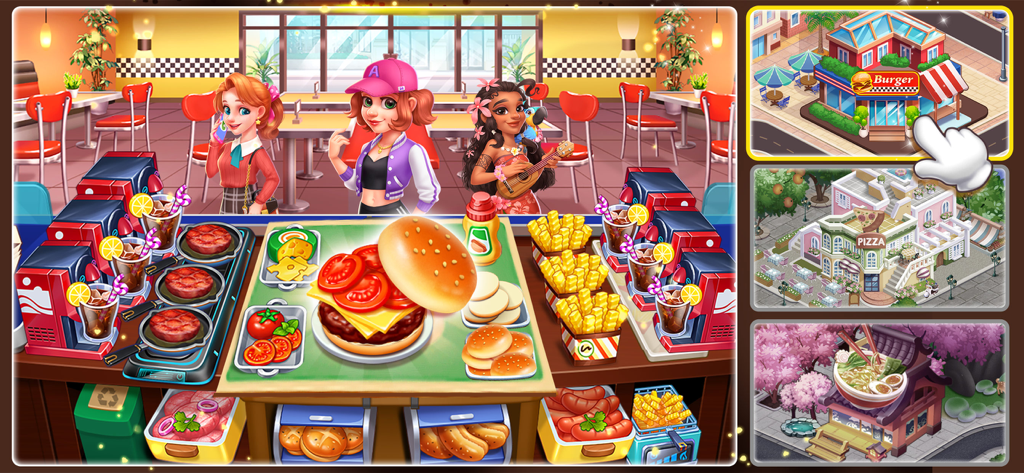 Gameplay screen of Cooking Frenzy showing burger preparation and a menu to select different international restaurants