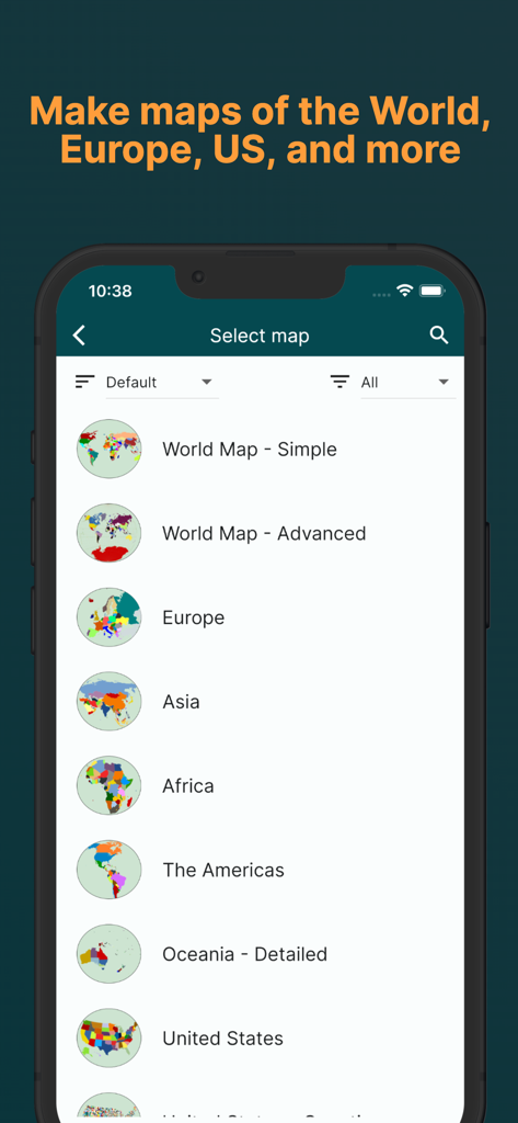 MapChart app interface showing a list of map templates including World, Europe, Asia, and United States.