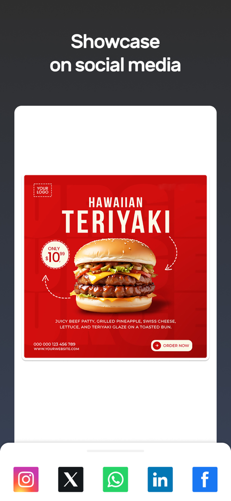 Eine professionelle Lebensmittelanzeige für einen Hawaiian Teriyaki Burger, die auf Instagram, Facebook und LinkedIn geteilt wird