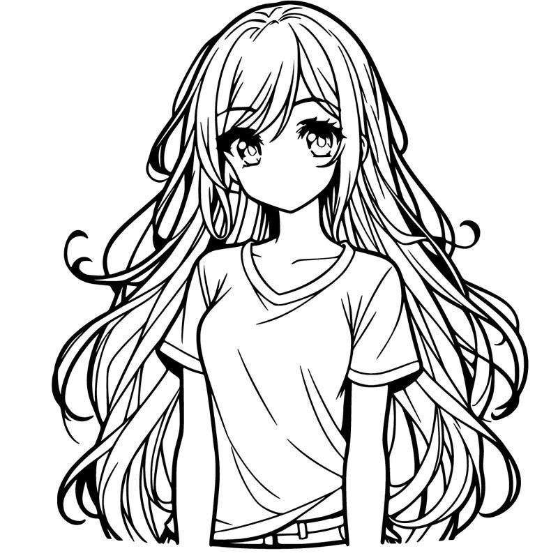 an anime girl with long hair and t-shirt and jeans on