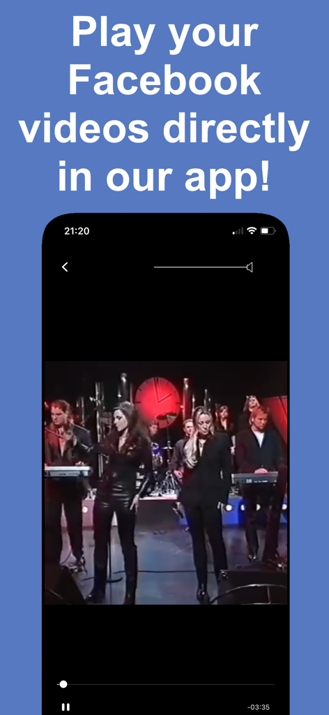 Un smartphone affichant l'interface de l'application Lecteur Vidéo pour Facebook lisant un clip vidéo avec une incrustation de texte indiquant : lisez vos vidéos Facebook directement dans notre application