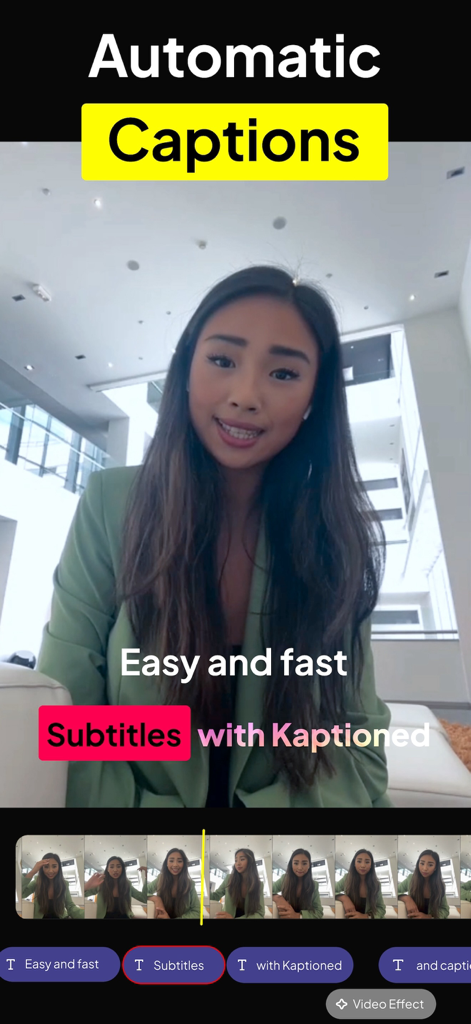 Kaptioned: Automatic Subtitles - A woman using the Kaptioned app to add automatic AI subtitles to her video