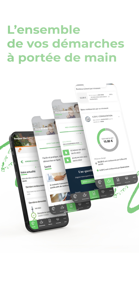 Generation app interface on mobile screens showing health insurance management and reimbursement tracking