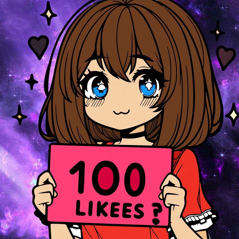 anima girl holding a 100 likes sign in her hand