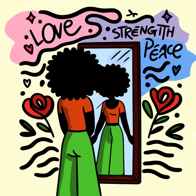 thinking with diversity in mind, a person standing in front of a mirror, with words like "love," "strength," and "peace" floating around them, with gentle waves of energy emanating from the words.