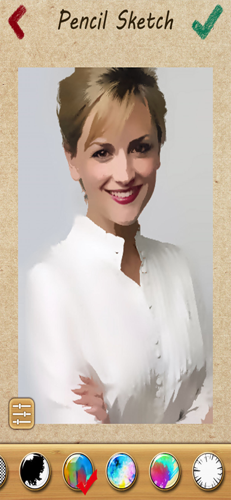 Pencil Sketch Photo Camera - User interface of the Pencil Sketch app showing a color painting effect on a portrait photo