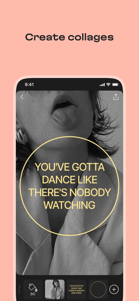 Mobile app interface showing a photo collage with a yellow circular quote overlay.