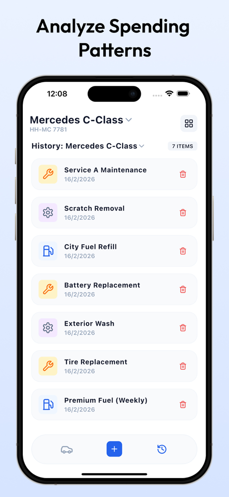 Vehicle Expense Tracker - Screenshot of a vehicle expense log showing maintenance and fuel refill history for a car