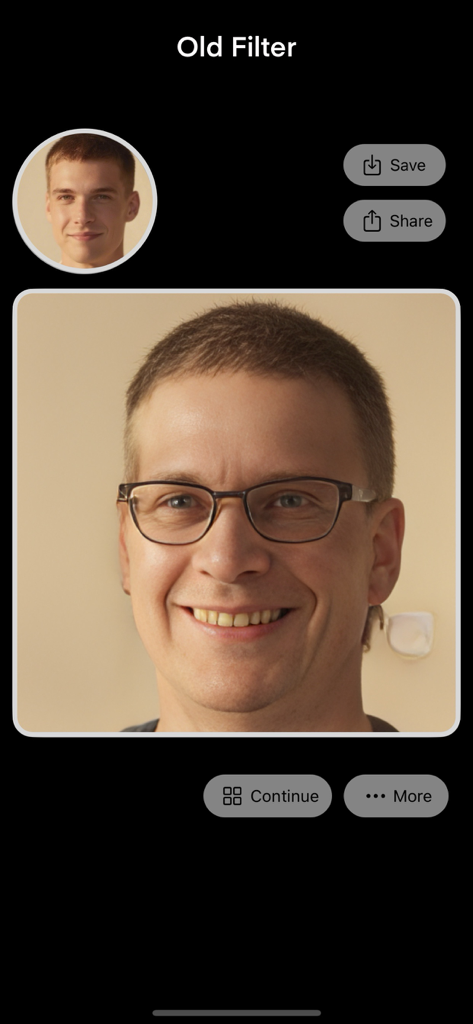 AI Face Magic - Your Bald Head - App interface of AI Face Magic showing a young man transformed into an older man using the AI aging filter