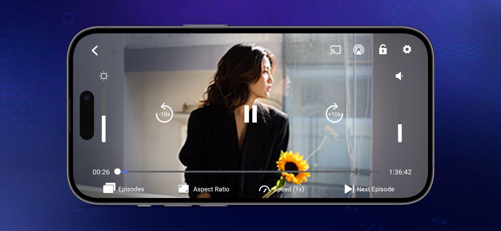 Smarters Player Lite media player interface showing video playback with controls on a smartphone