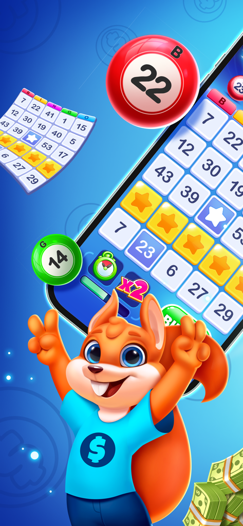 A cheerful squirrel mascot celebrating next to a mobile bingo card and stacks of cash rewards in the Bingo Billions app.