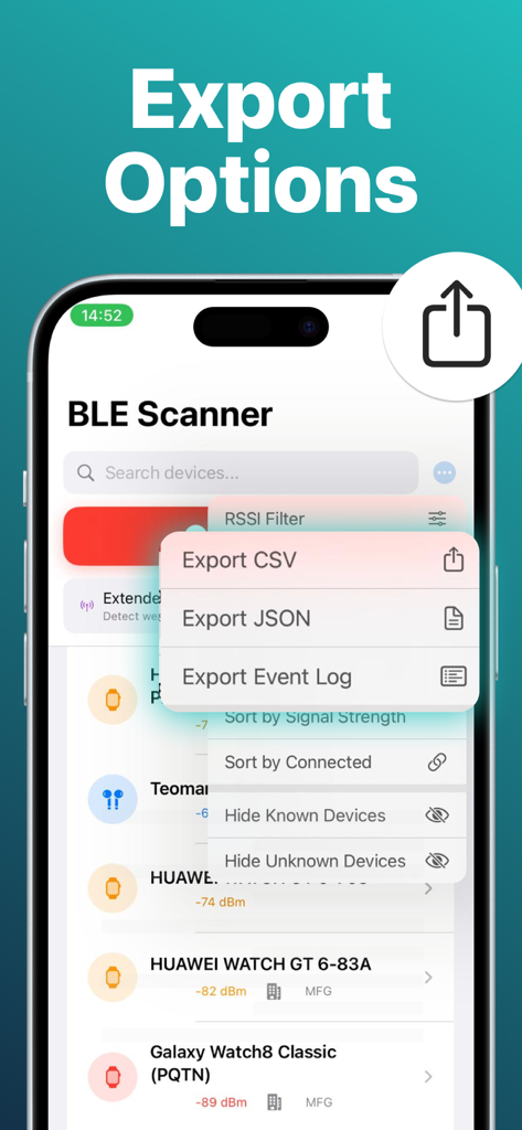 The Bluetooth Scanner app displaying options to export BLE device data as CSV or JSON files