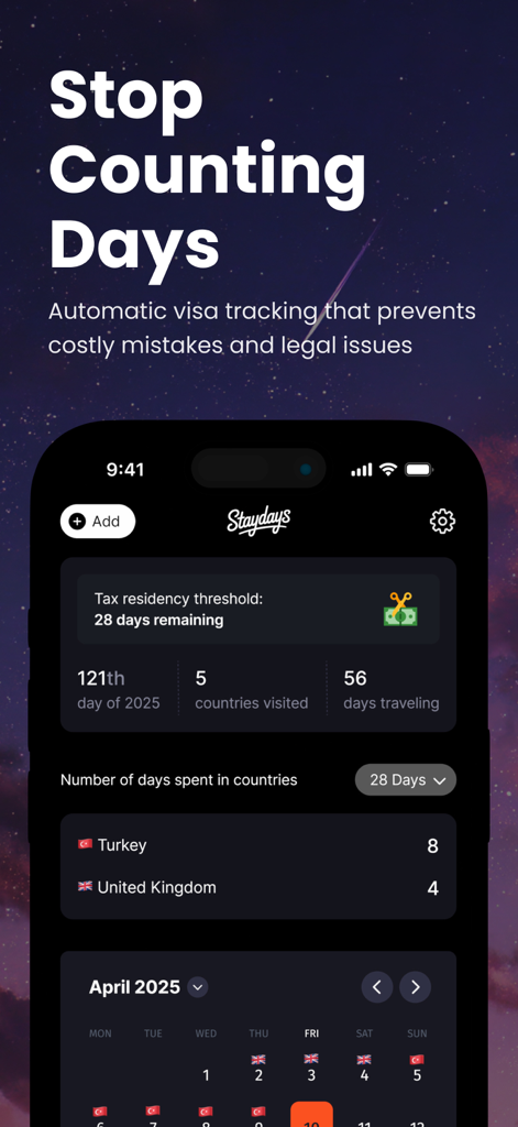 Country Days Tracker: Staydays - Staydays app dashboard showing tax residency threshold status and travel days tracking statistics.
