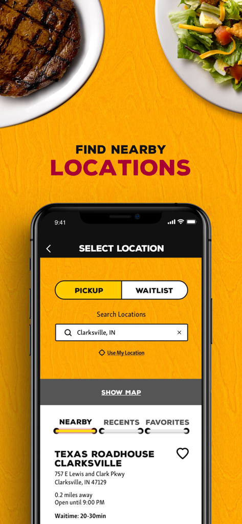 Texas Roadhouse app screen for finding nearby restaurant locations and viewing wait times.
