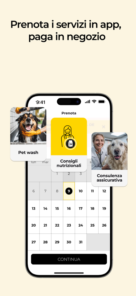 Arcaplanet app interface for booking pet services like pet wash and nutritional advice