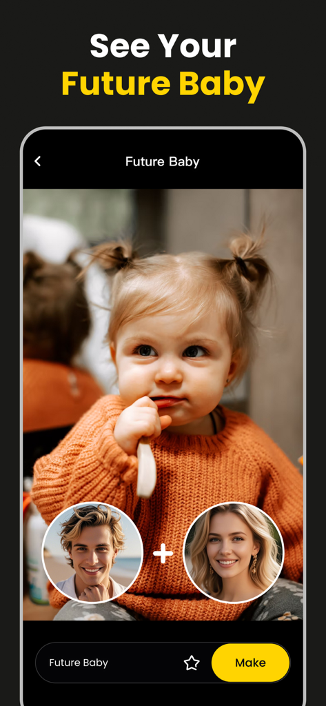 AI Movie Generator - KakaPic - Interfaz de la aplicación KakaPic que muestra la predicción de un futuro bebé generada a partir de fotos de dos padres.