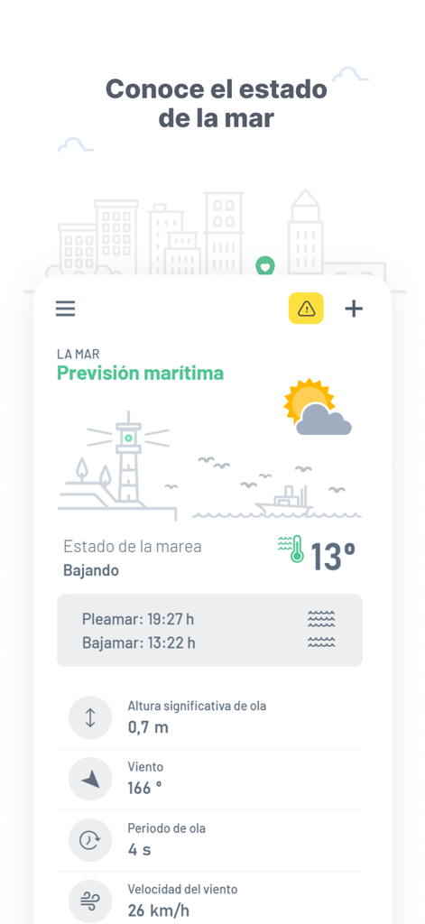 Pronóstico meteorológico marítimo de la aplicación Euskalmet mostrando datos de mareas y olas.