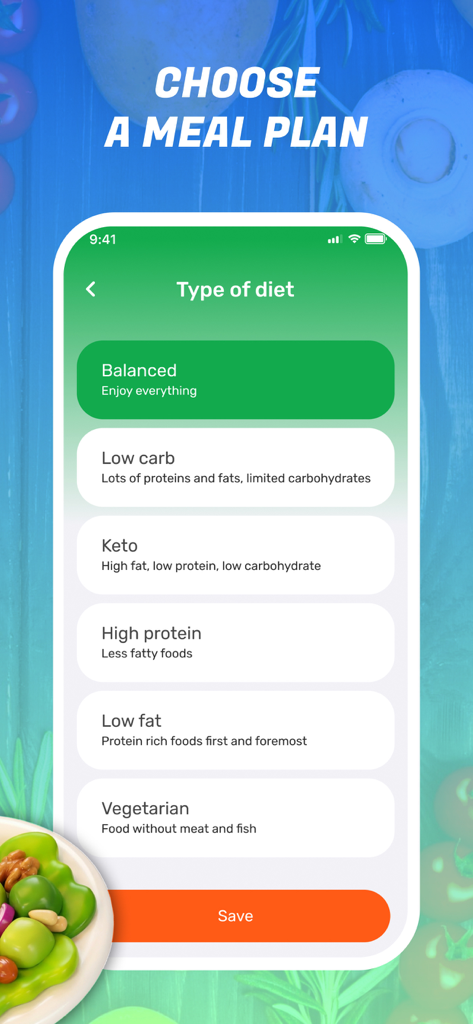 Calorie AI・Loss Weight Tracker - User interface for choosing a diet type like balanced keto or high protein in the Calorie AI app