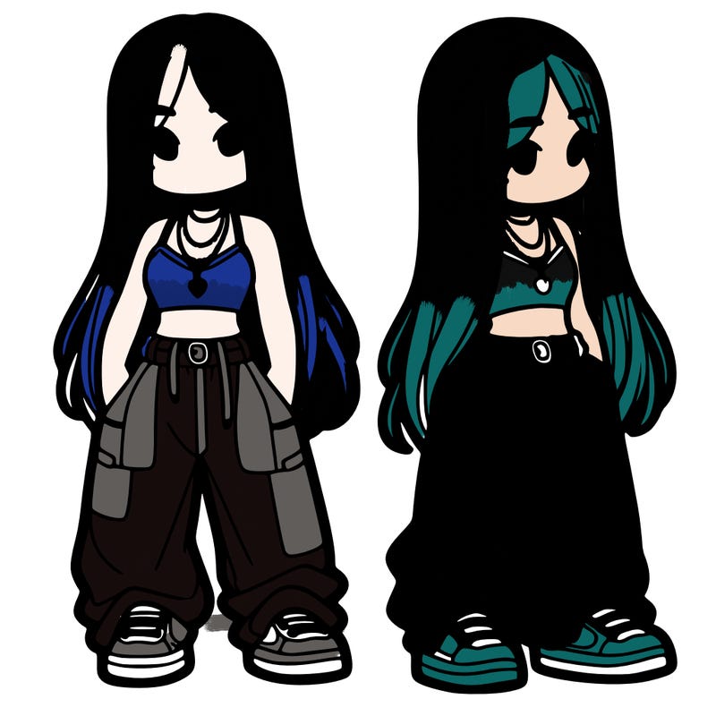 girl in baggy pants crop top and long hair