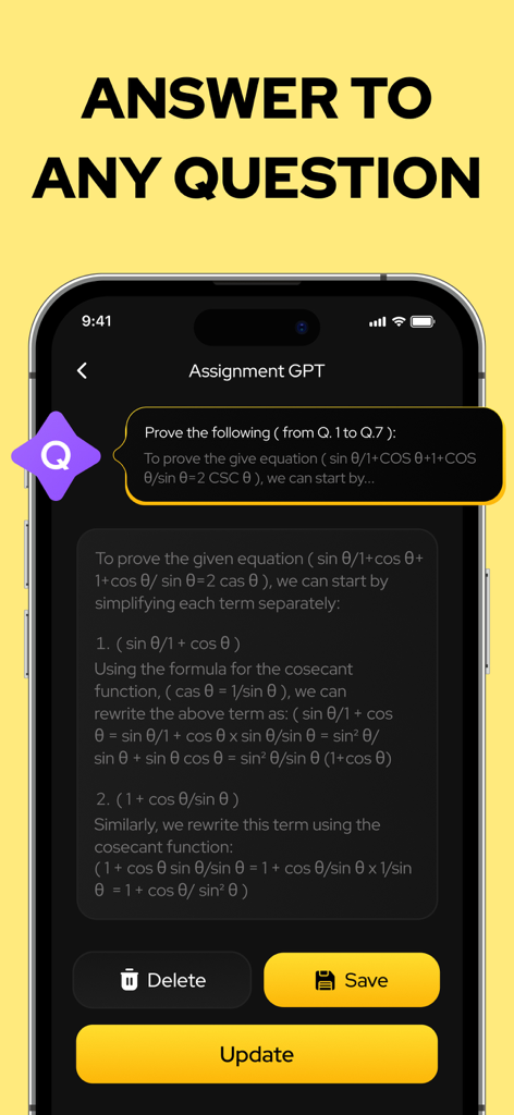 AI Math Problem Solver: MathAI - Smartphone screen showing a step by step AI solution for a complex trigonometry equation