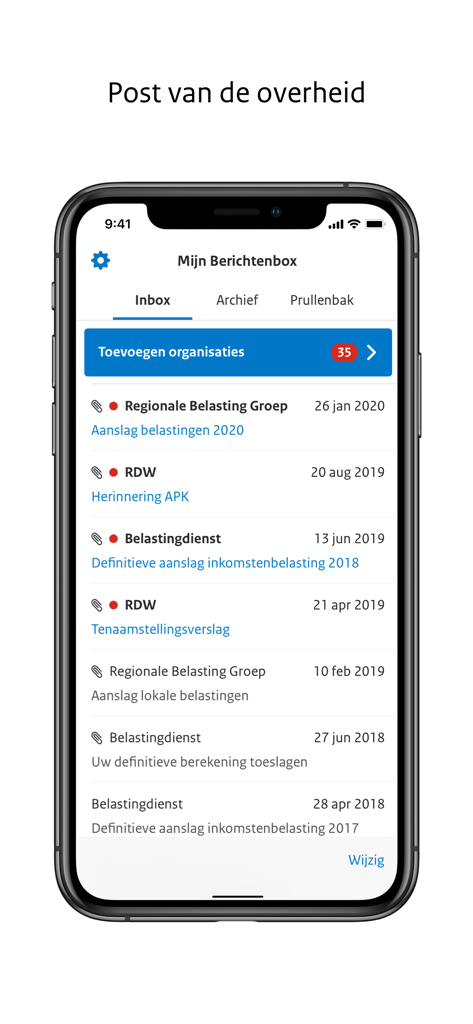 Interface of the Berichtenbox app showing an inbox with messages from Dutch government agencies.