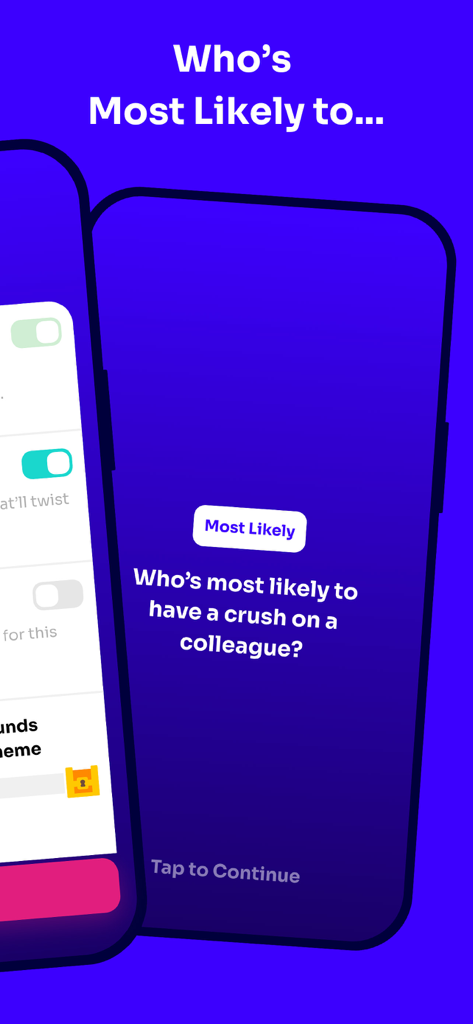 Boomit - Most Likely To - Écran de l'application Boomit montrant une question « Qui est le plus susceptible de... » concernant le fait d'avoir le béguin pour un collègue.