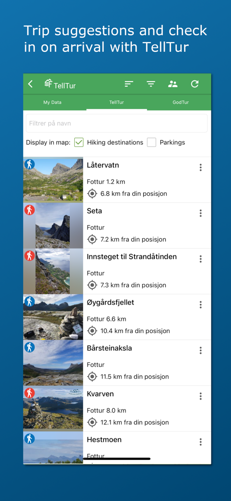 Norgeskart friluftsliv - Norgeskart friluftsliv app interface showing a list of hiking trails and trip suggestions in Norway with photos and distances
