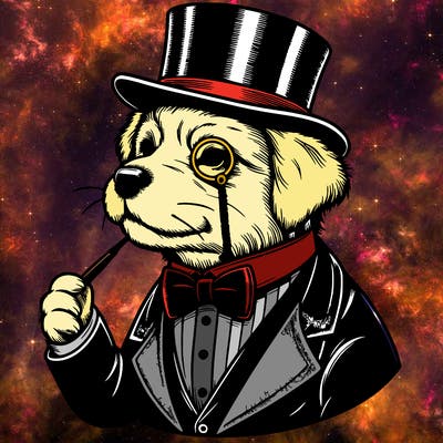 realistic dog with a top hat and a monocle and a tuxedo