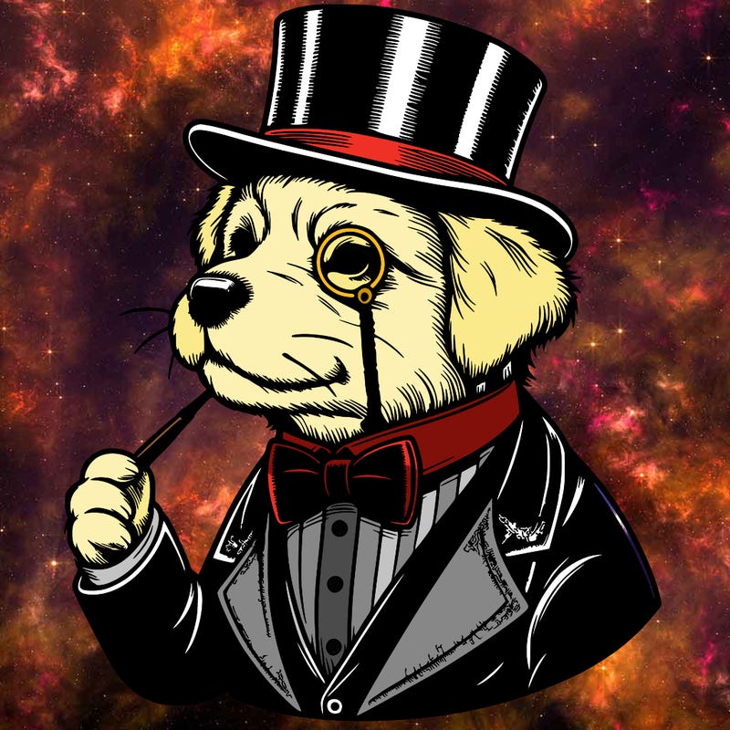 realistic dog with a top hat and a monocle and a tuxedo