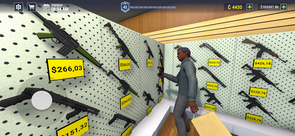 Gun Shop Simulator 3D Shooting - In game view of a customer browsing firearms in a 3D gun shop simulator