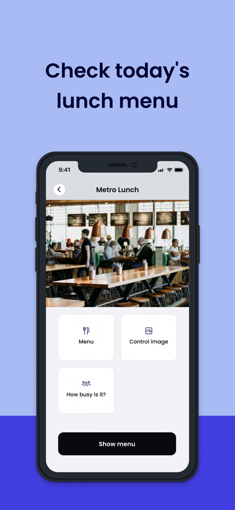 Izyアプリのインターフェース。ランチメニューとオフィステナント向けの社員食堂の混雑状況を表示。