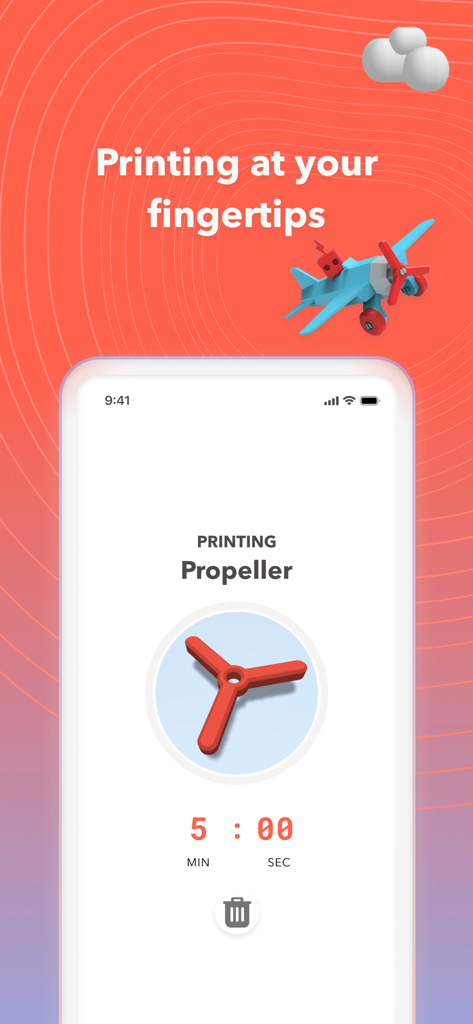 Toybox app screen showing a countdown timer for a 3d printed toy propeller