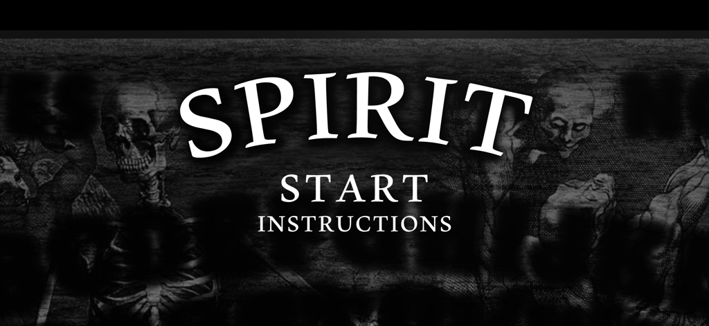 3D Spirit Board - Start screen of the 3D Spirit Board app with spooky skeletal background