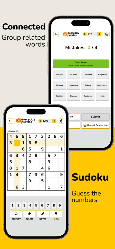 Everyday Puzzles: Mini Games - Mobile phone screens displaying Sudoku and Connected word grouping games from the Everyday Puzzles app