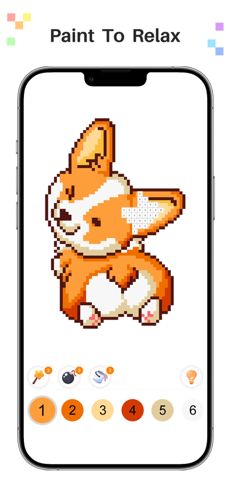 Pixel Color - Art By Numbers - Pixel art corgi puppy being colored in the Pixel Color mobile application