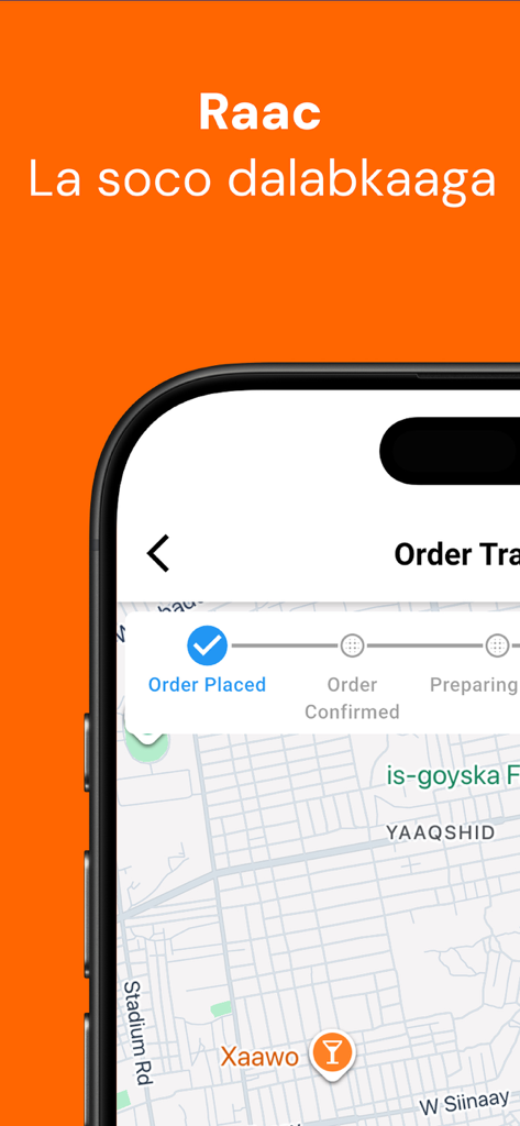Mobile app interface showing real-time order tracking with a map and status updates for a delivery in Somalia.