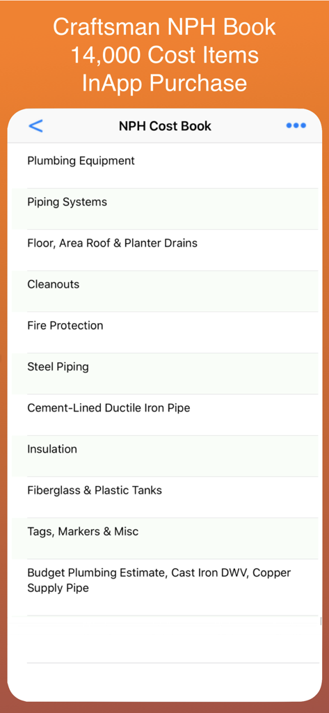 List of plumbing and piping categories in the Craftsman NPH Cost Book feature
